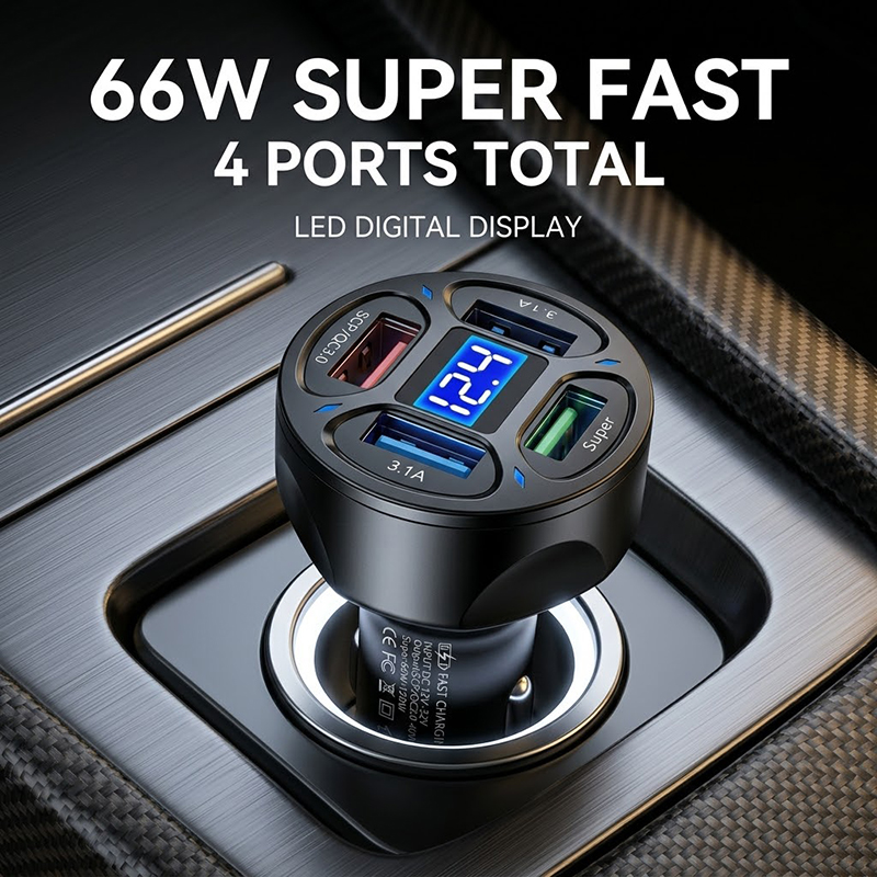Car Dash Cam - 66W Multi-Port USB Autolader 4 Poorten
